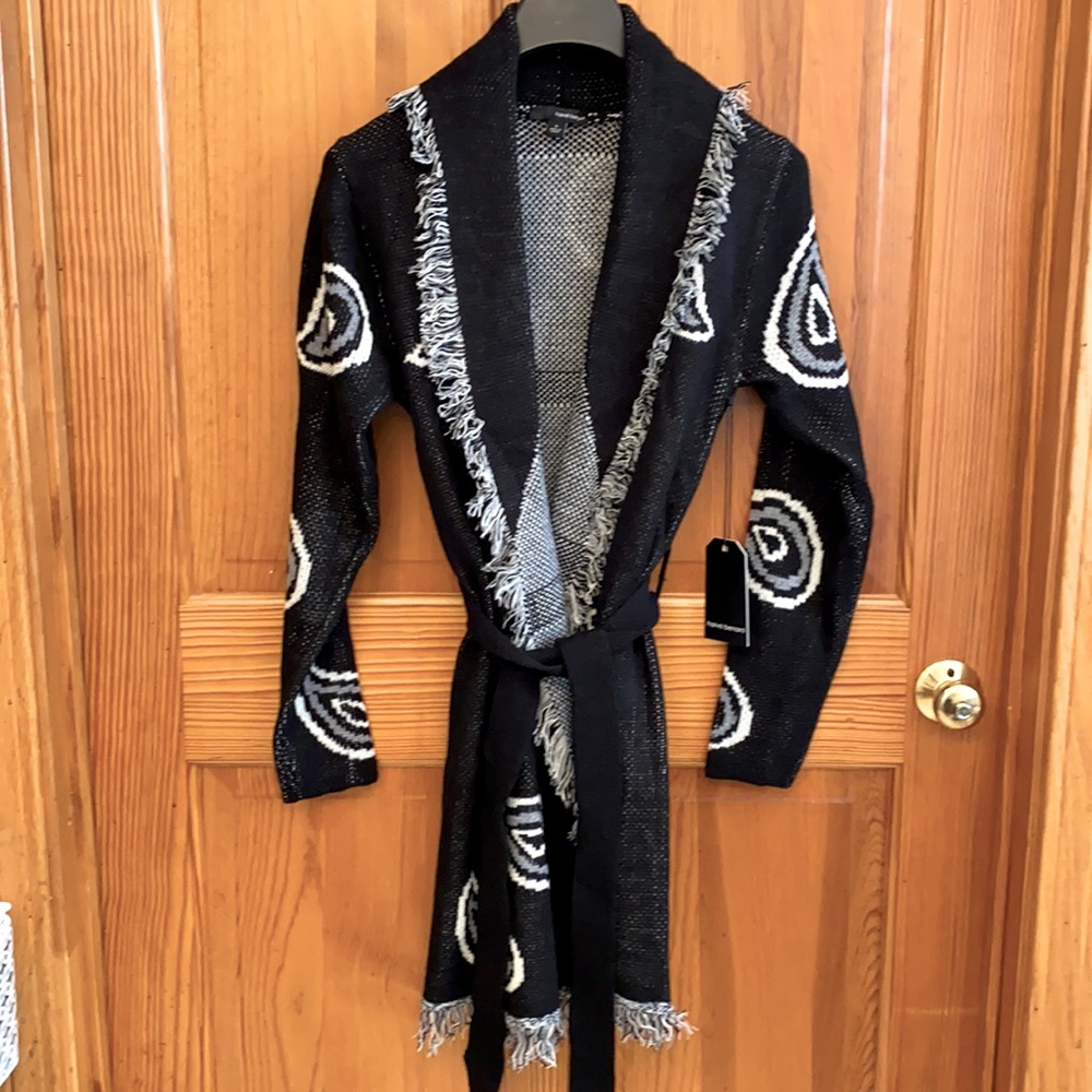 Harve Benard Sweater Coat Black Cream Ivory Grey Size Medium Paisley Soft Cozy